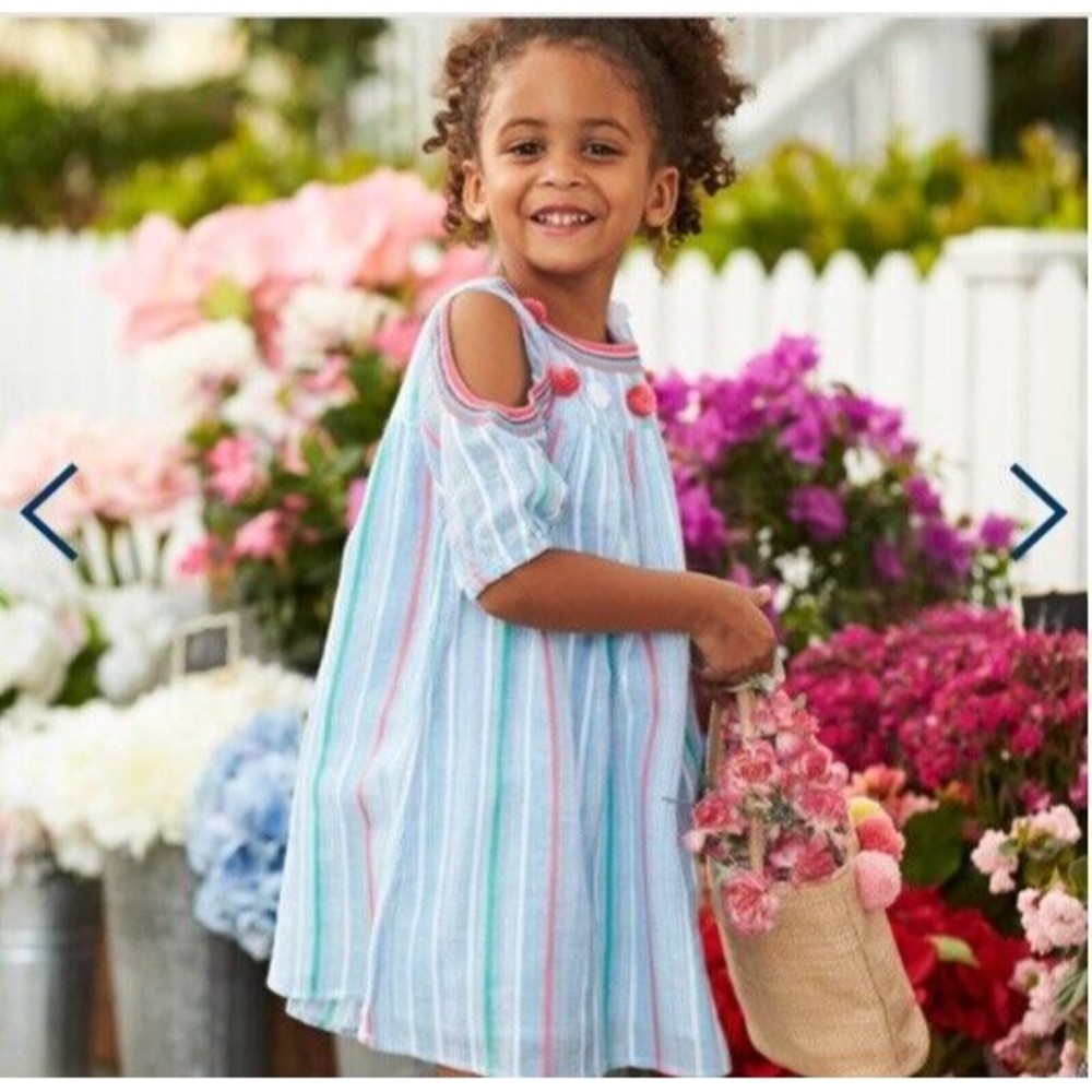 Hatley Girls Size 10 Summer Stripe Cold Shoulder Dress Blue Pom Poms